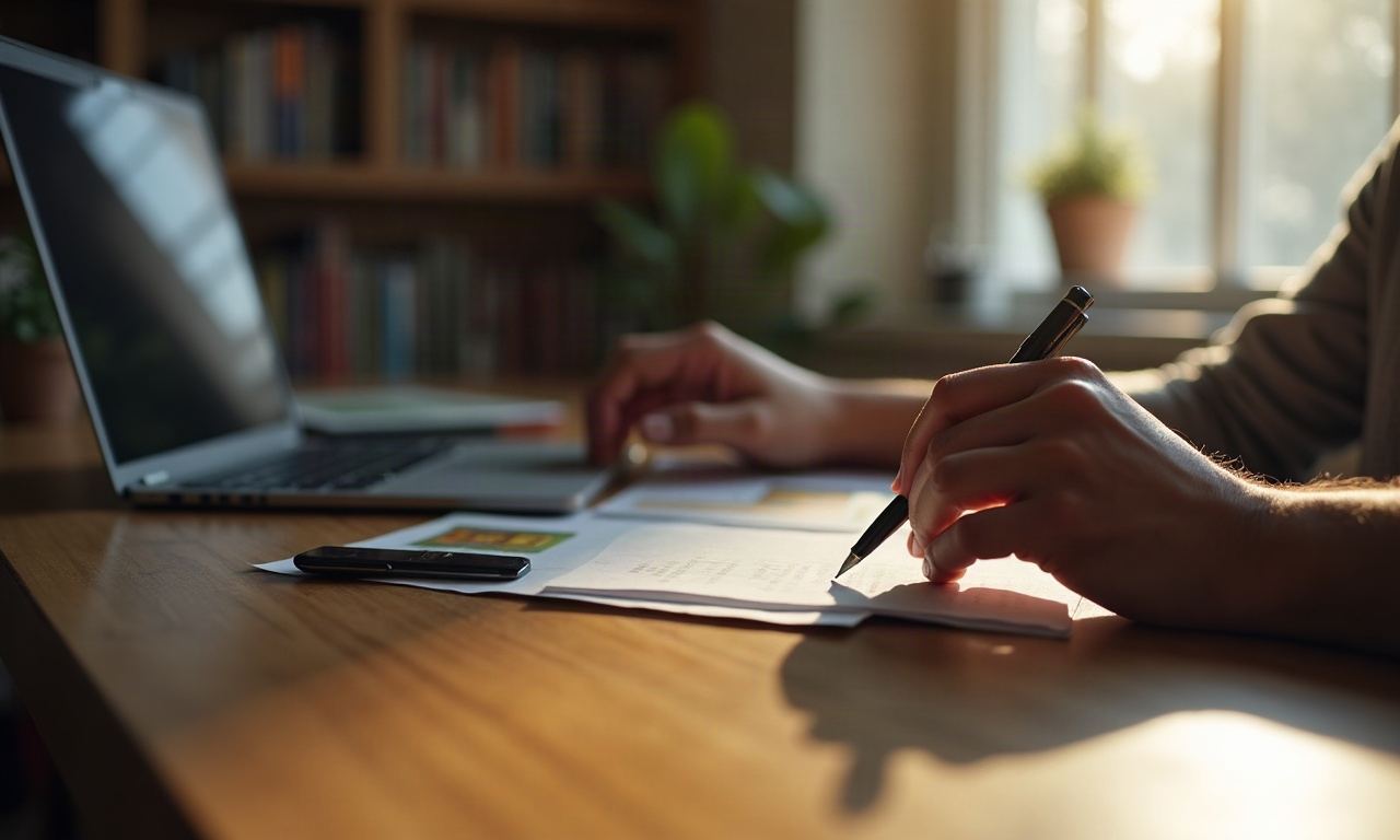 Person at wooden desk with hands near pen, daylight through window