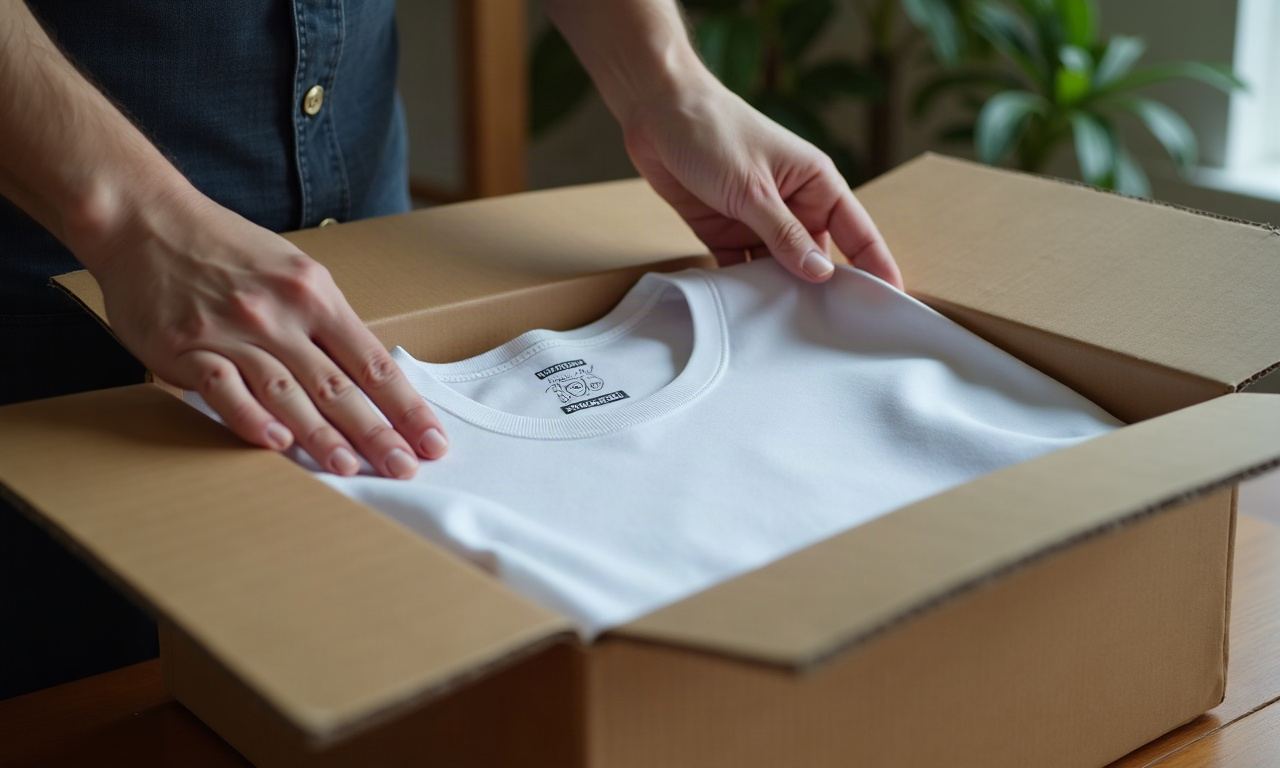 Hands folding custom-printed t-shirt into cardboard mailer box in daylight