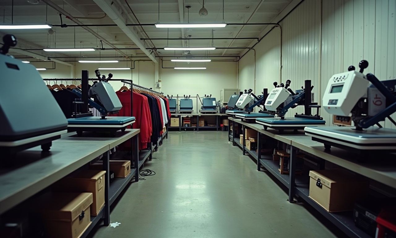 Production floor with two heat press stations, rack of blank hoodies, embroidery machine