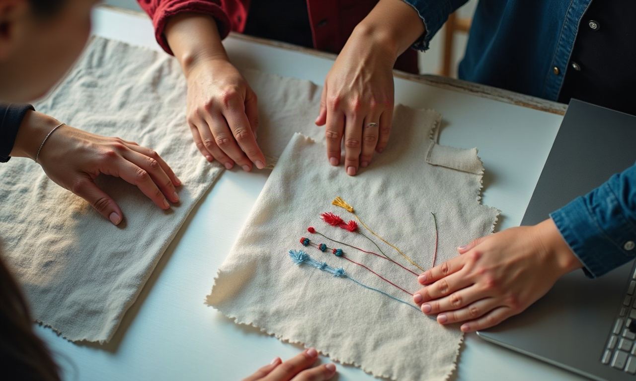 Three hands arranging embroidered fabric swatches on workbench, overhead view