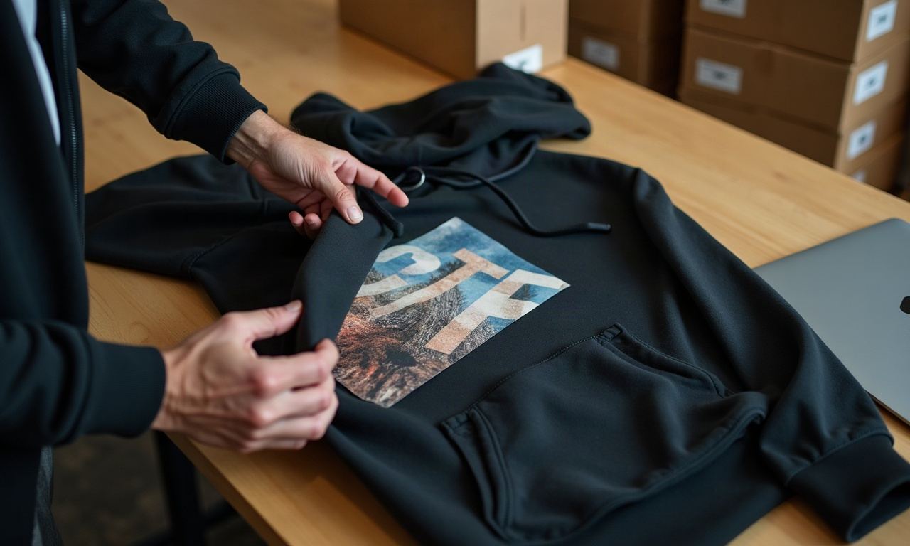 Hands peeling backing off DTF print on black hoodie on packing table